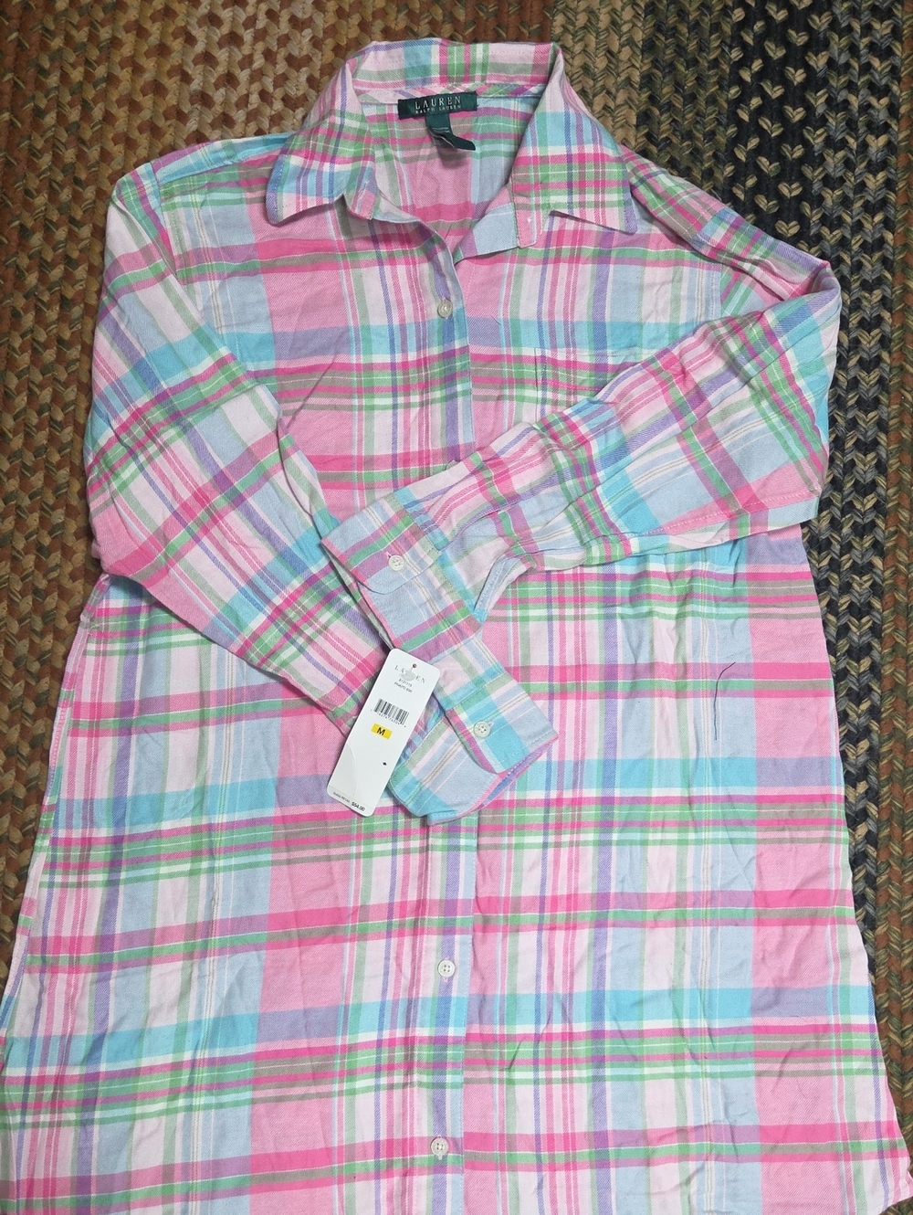 Lauren Ralph Lauren Pastel Plaid Button-Front Nightgown in Pink & Blue